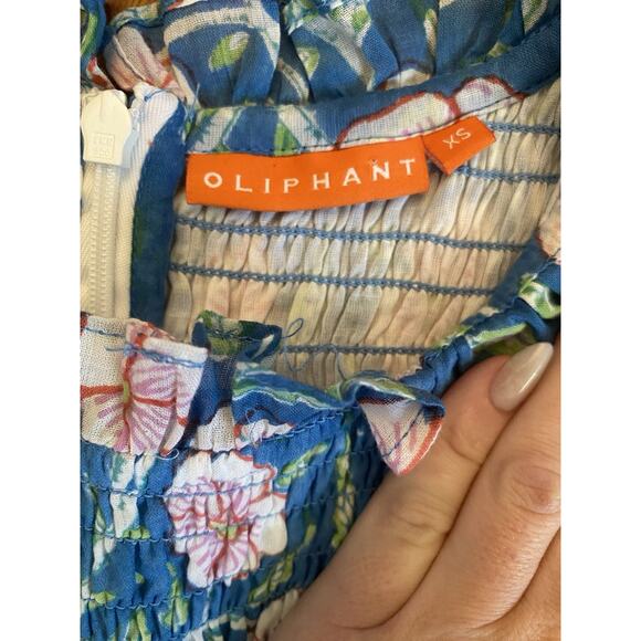 Oliphant smocked Cotton Floral Print Flutter Sleeve Dress sz xs Preppy blue pink - Picture 3 of 7